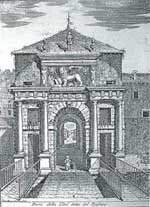Porta Dojona, ricostruita nel 1553 in forme rinascimentali, incisione di F. Monaco