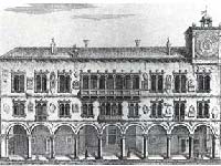 Il "Palazzo del Podestà" (Rettori), 1491 - 1536. Si nota il torion delle hore. Particolare di un incisione di F.Monaco (in: a cura di G.Secco,"La Piave", Ed.Belumat, Belluno 1992).